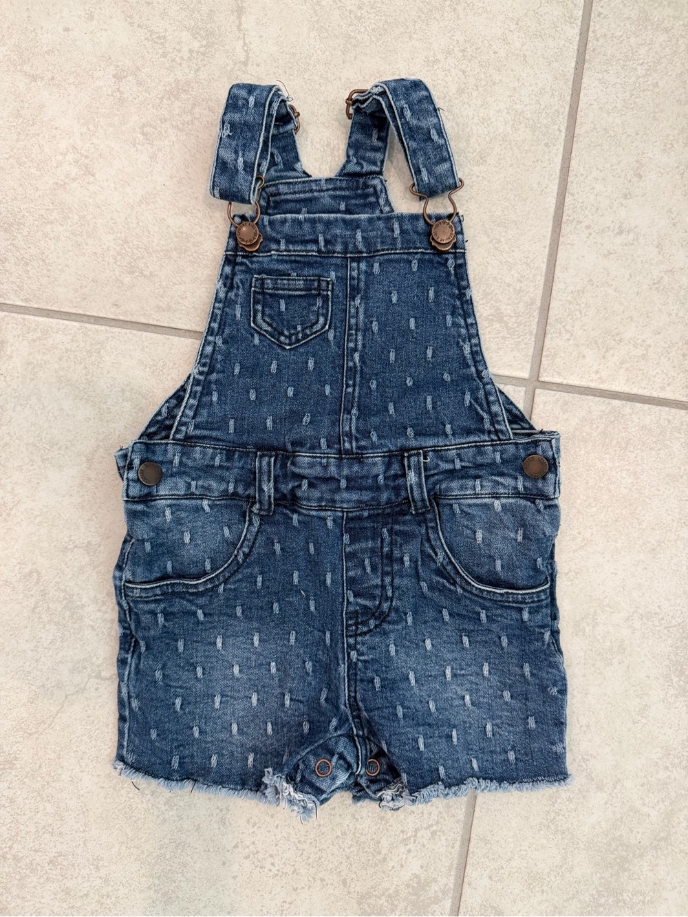 Girls Dark Blue Denim Short Overalls with Distressed Detail